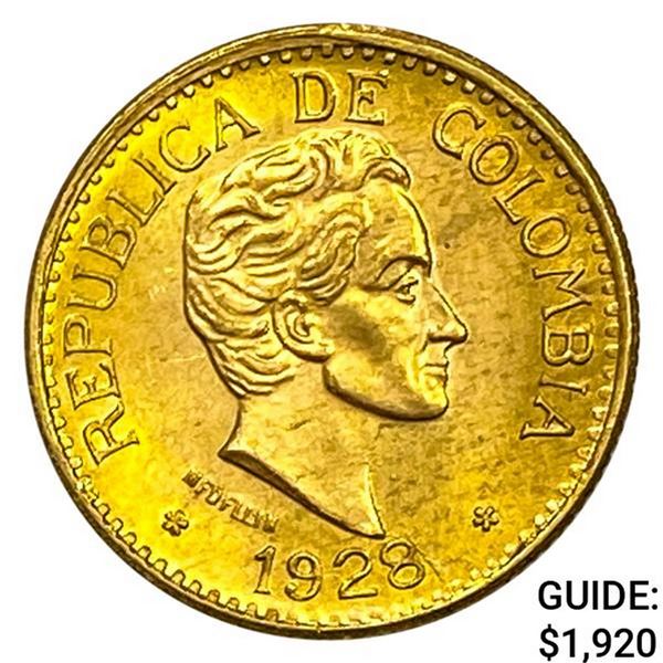 1928 Colombia Gold 5 Pesos .2355oz GEM BU