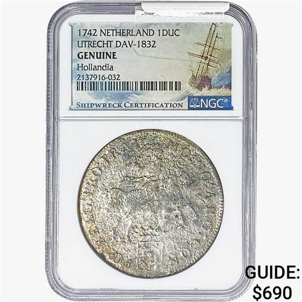 1742 Netherland 1DUC Utrecht Hollandia Shipwreck NGC Genuine