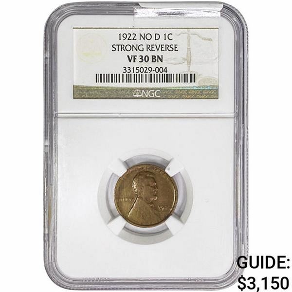 1922 No D Wheat Cent NGC VF30 BN Strong REV