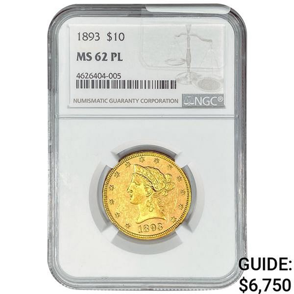 1893 $10 Gold Eagle NGC MS62 PL