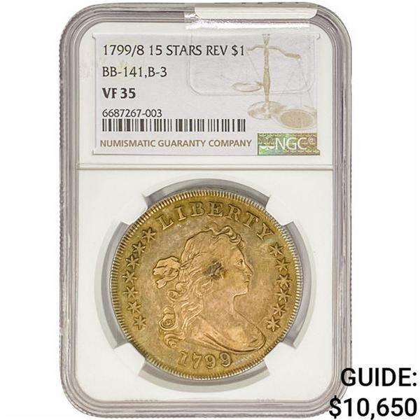 1799/8 Draped Bust Dollar NGC VF35 15 Stars REV BB-141,B-3
