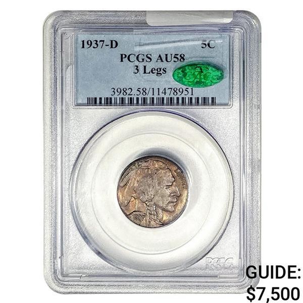 1937-D CAC Buffalo Nickel PCGS AU58 3 Legs