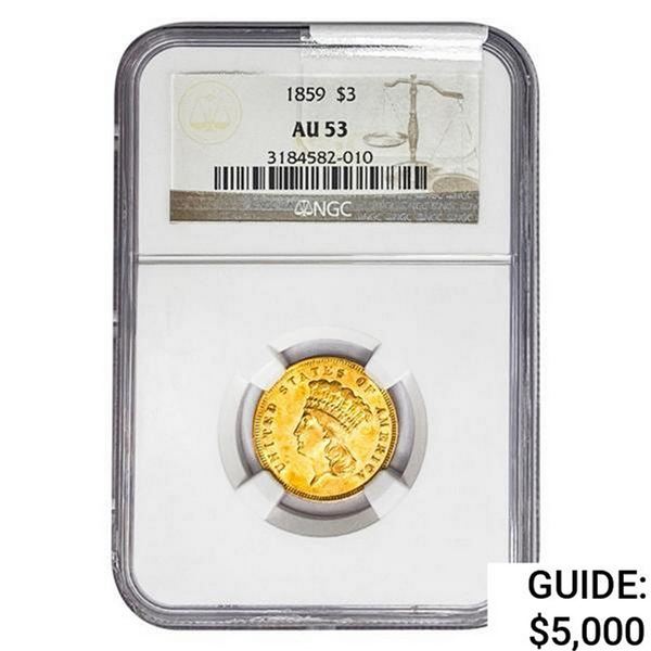 1859 $3 Gold Piece NGC AU53