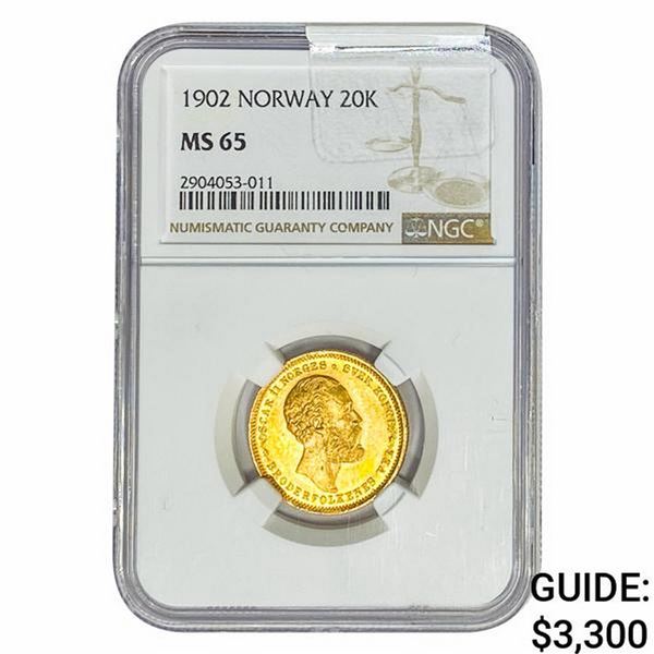 1902 .25oz Gold Norway 20 Kroner NGC MS65