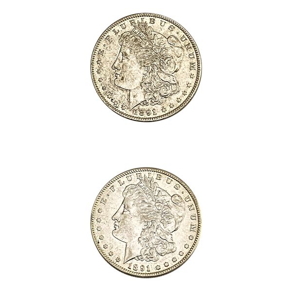 [2 Coins] 1891 P,S Morgan Silver Dollar  AU