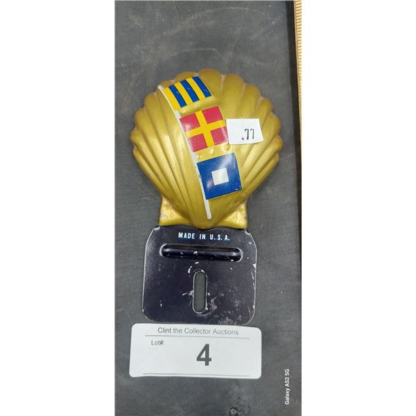 Vintage Shell gas license plate topper gold