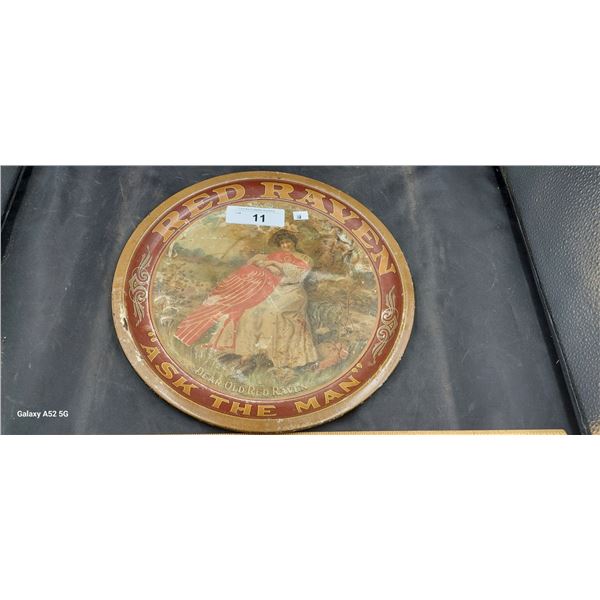 Antique metal Red Raven tray 12"