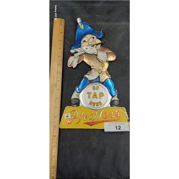 Vintage tin on pressboard Pfeiffer's On Tap Here sign 12"