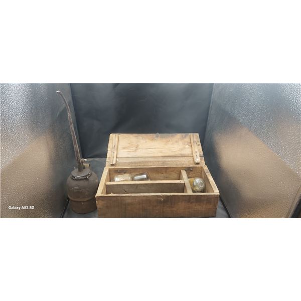 Vintage oiler and wooden box w/contents, box is 16"