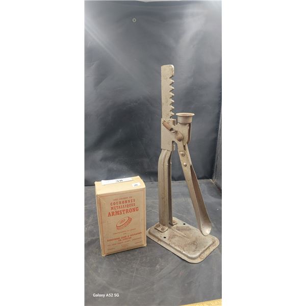 Vintage bottle capper with box of caps