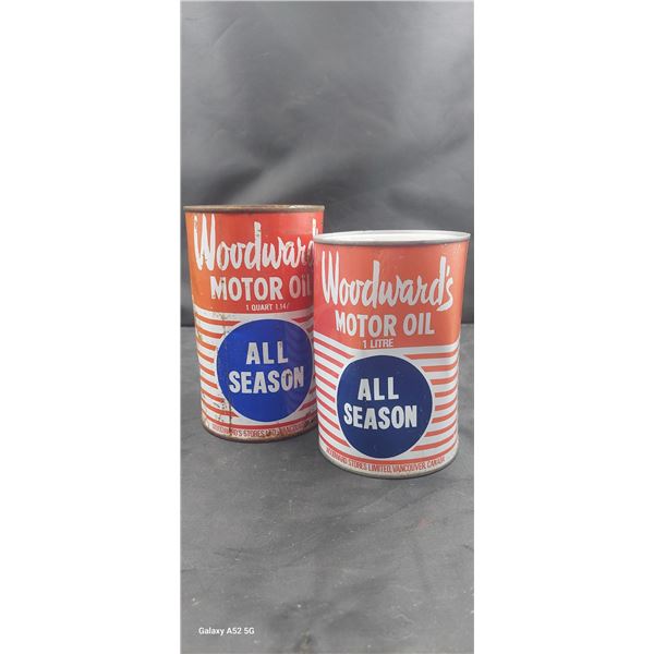 Pair of Woodward's 1 quart/1 litre motor oil tins