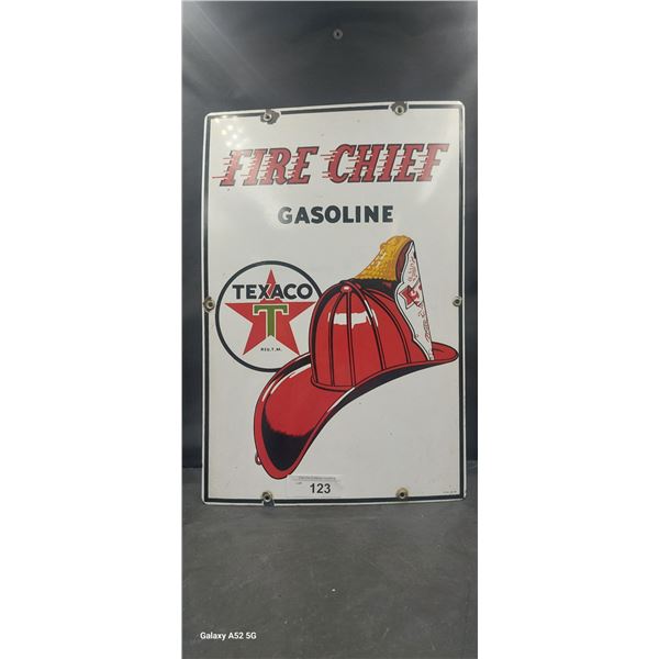 Nice Texaco Fire Chief porcelain sign 1959 29"x12"