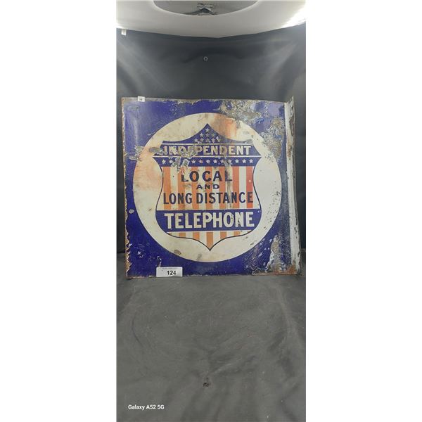 Vintage porcelain flange sign Independent Local & Long Distance Telephone 19"x18"