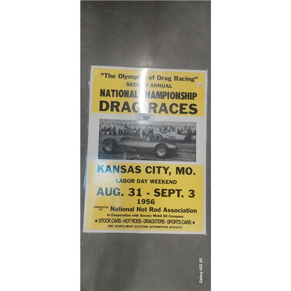 Vintage laminated drag racing poster Kansas City 1956 22"x18"