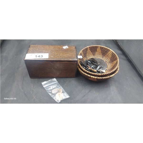 Collection of arrowheads plus bowl & wood box