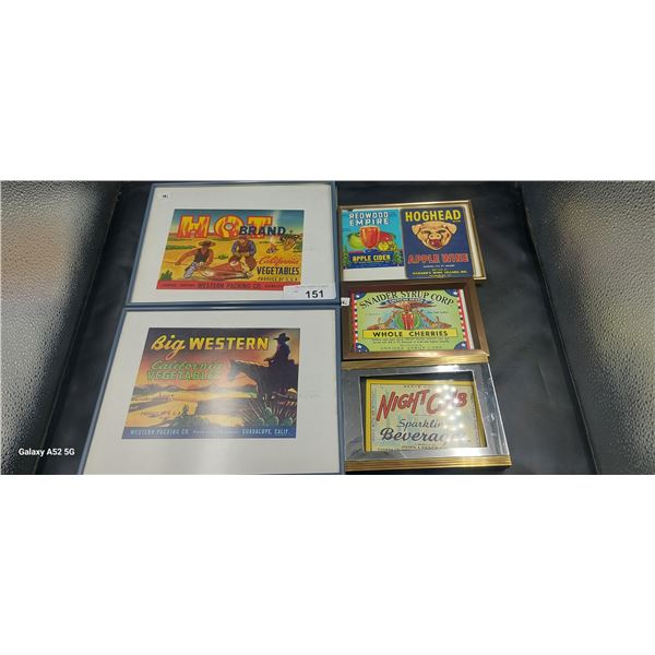 5 framed 1940s era paper labels, assorted sizes