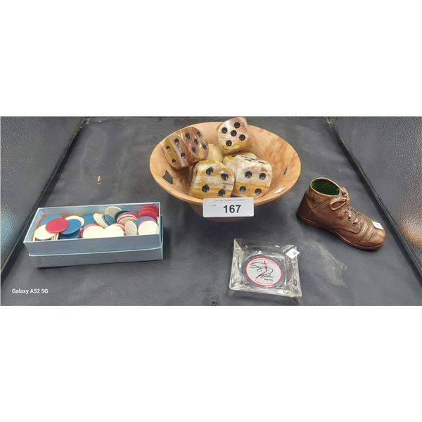 Collection including large dice and surf rider ashtray
