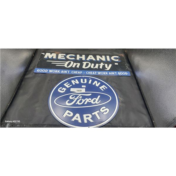 Pair of tin signs Ford & Mechanic on duty