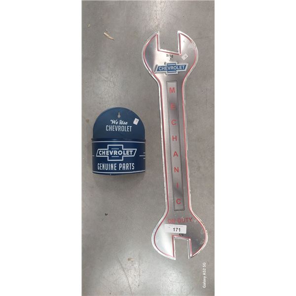 Pair of metal Chevrolet collectibles, sign and wall mount holder