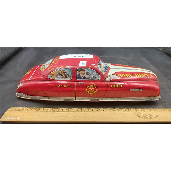 Vintage tin Fire Chief car 12" 1950s