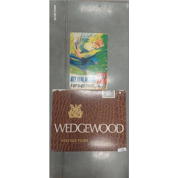 Pair of vintage cardboard ads 7up & tobacco, Wedgewood 21"x23", 7up 18"x12"