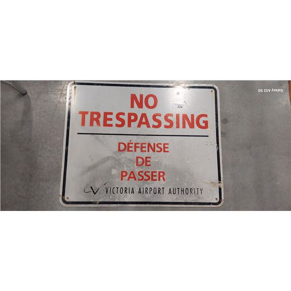 Large vintage No Trespassing Victoria Airport Authority metal sign 30"x24"