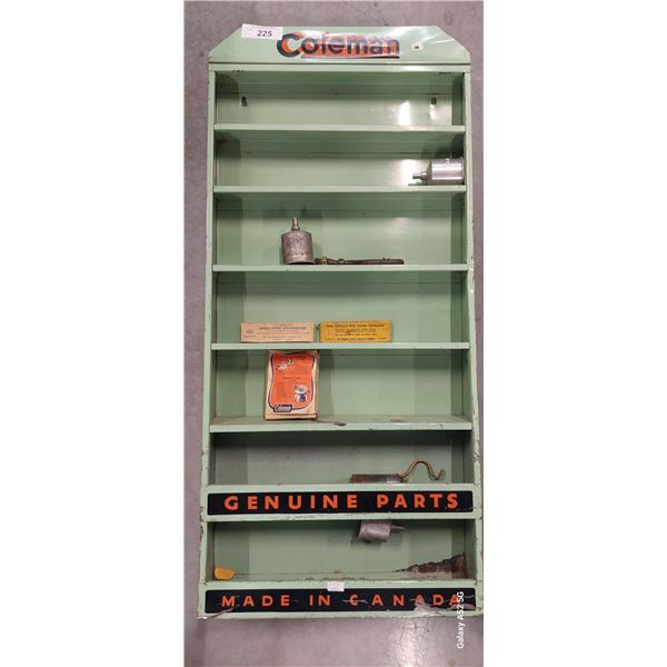 Vintage Coleman metal display rack with contents 37"x18"