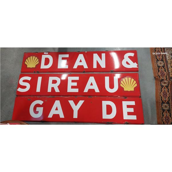 Vintage porcelain 3 piece Shell dealer sign Dean & Gay Desireau 18' overall