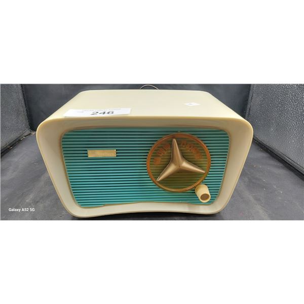 1959 CBS model 2160 cream/turquoise tube radio, unique shape, tested