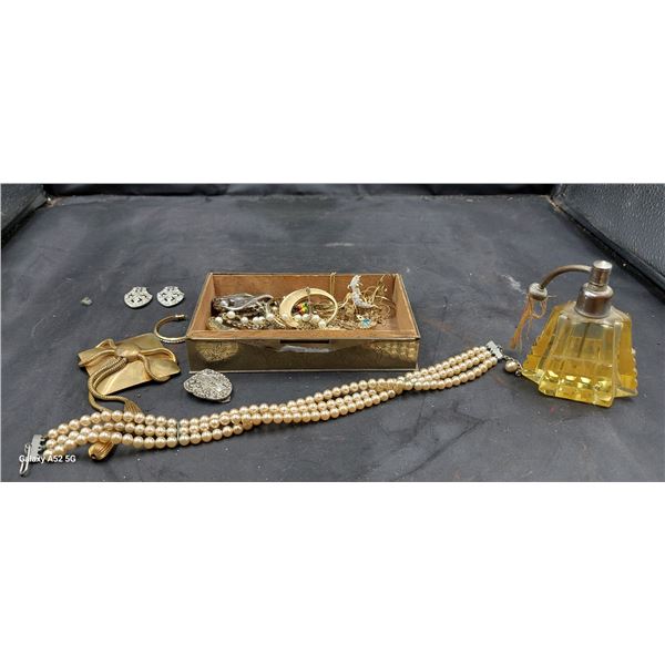 Vintage metal box, great graphics inc. misc jewelry & vintage perfume bottle