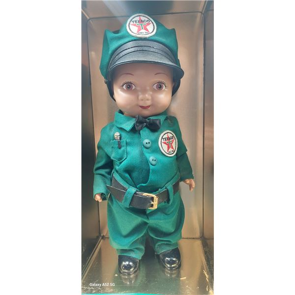 Vintage Texaco station attendant collector doll in tin box 15"