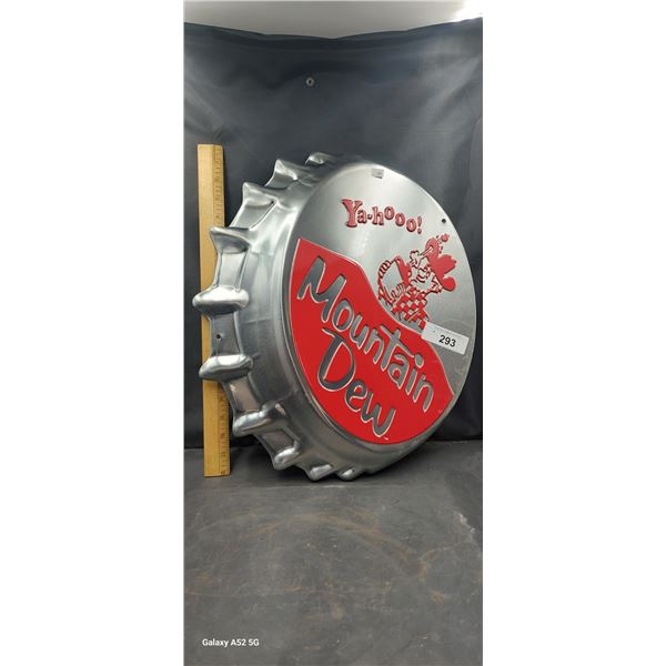 Metal Mountain Dew bottle cap sign 17'x16"