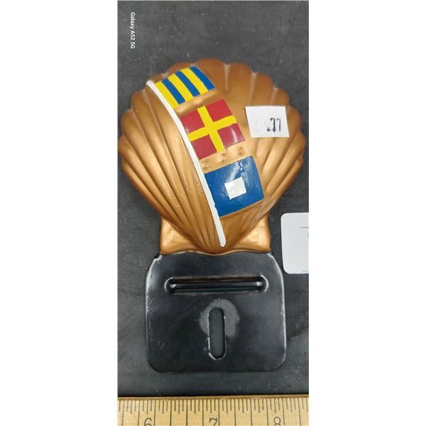 Vintage Shell gas license plate topper. Copper