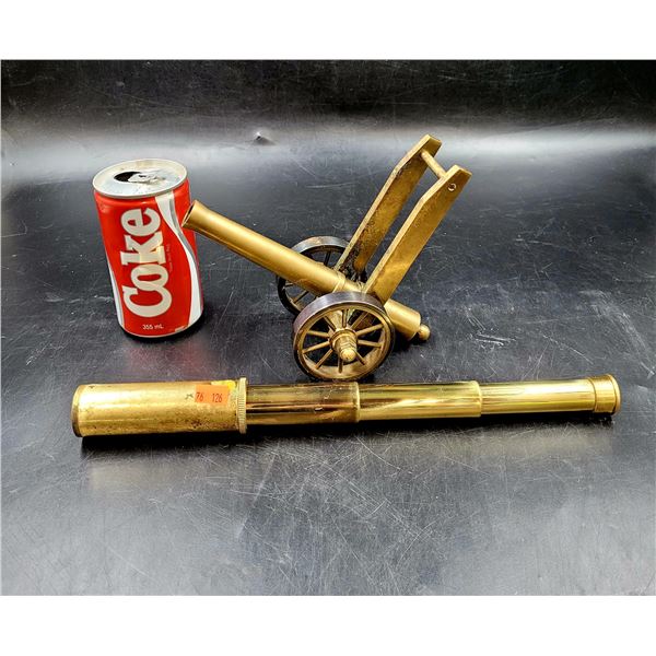 Vintage Brass Telescope & Brass Canon Decor