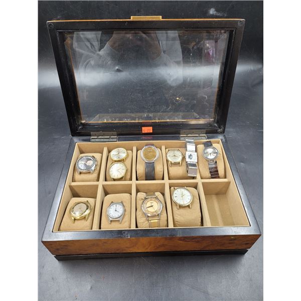 Assorted Men's Mechanical Watches and Faces in Wooden Watch Box