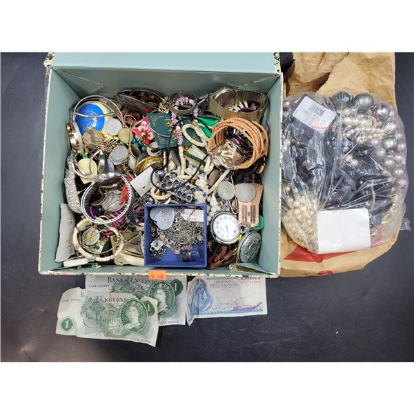 Costume Jewelry & England Currency Lot