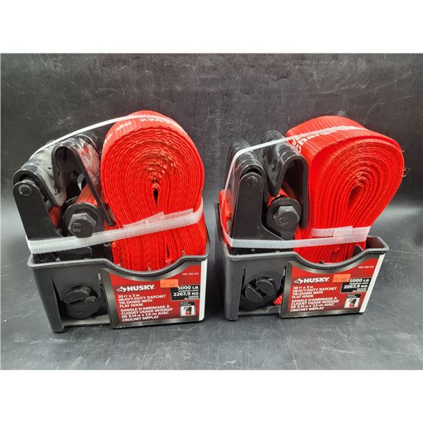 2 Husky 30ft x 3in Heavy Duty Ratchet Tie Downs w/ Flat Hook