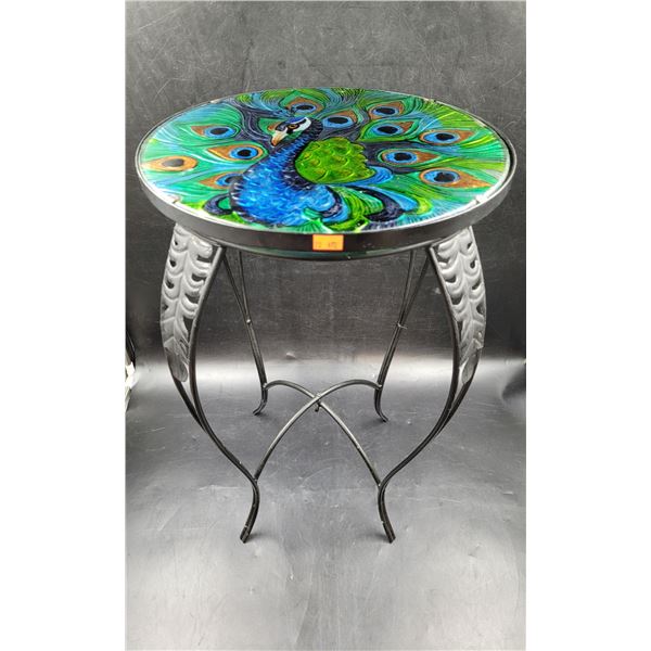 Garden Outdoor Round Peacock Glass Metal Side Table