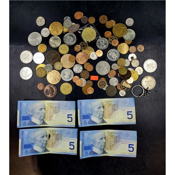 Assorted Coins/Tokens & Canadian $5 Bills