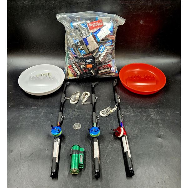 Fishing Pole Lighters, Assorted Cigarette Brand Matches, & 2 Ashtrays