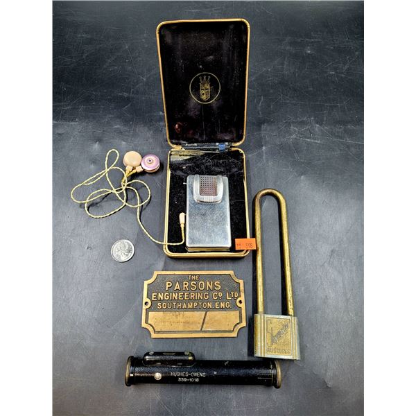 Vintage Brass Plaque, Lock, & Hearing Aid