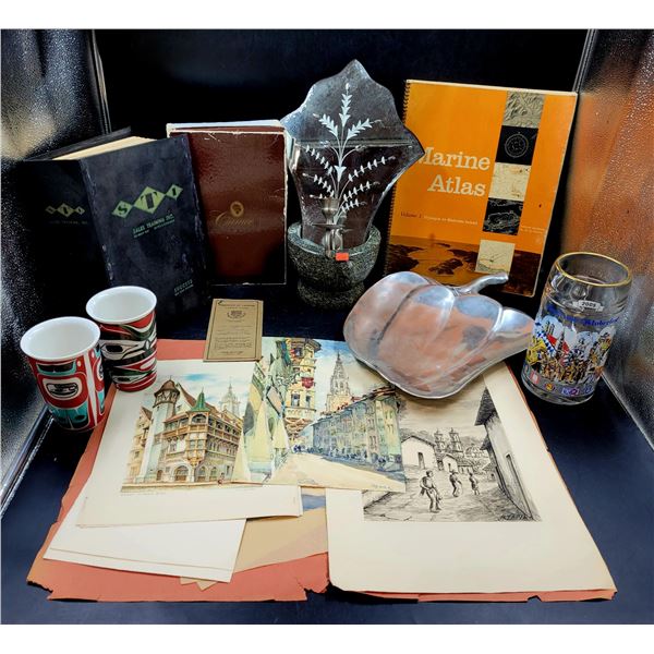 Vintage Books, Marine Atlas, Prints, Native Cups, & Hanging Glass Candleholder