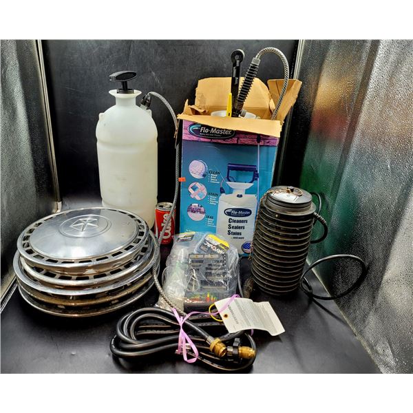 Flo-Master Sprayer, Vintage Hubcaps, & Propane Hose