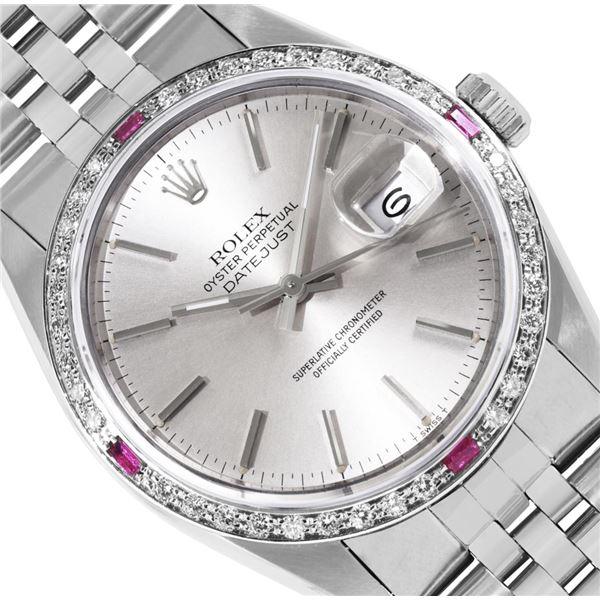 Rolex Mens Stainless Steel 36MM Silver Index Diamond And Ruby Datejust With Role