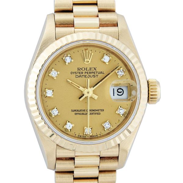 Rolex Ladies 18K Yellow Gold Champagne Diamond Dial President Wristwatch