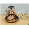 3 Copper Skillets & Teapot - Largest pan 10" - see all photos