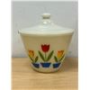 Image 1 : Vintage Fire King Ivory Tulips Grease Jar - couple small knicks - Approx: 5.5"W see all photos