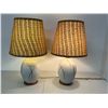 Image 6 : 2 Mid Century Ceramic / Teak Accents Table Lamps - Working Approx: 31.5"T 18"W