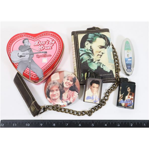 BAG OF MOSTLY ELVIS COLLECTIBLES INCLUDING WALLET,