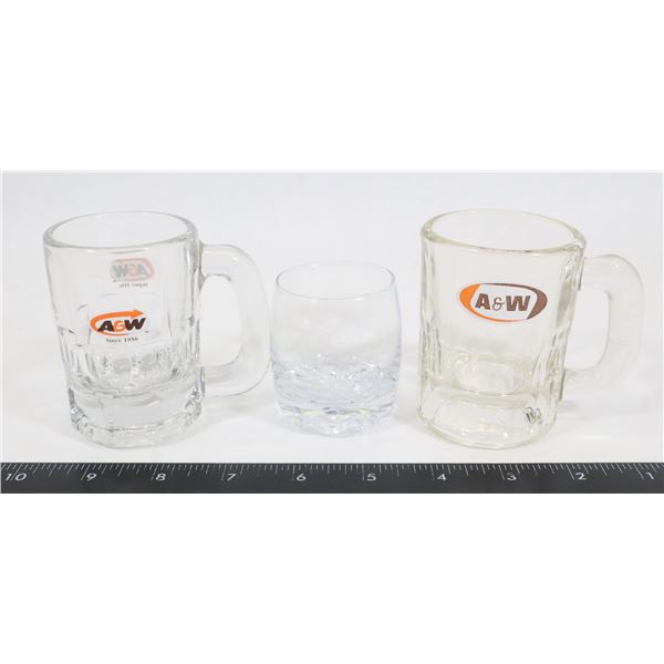2 BABY "A&W" ROOT BEER MUGS + 1 CC SHOT GLASS
